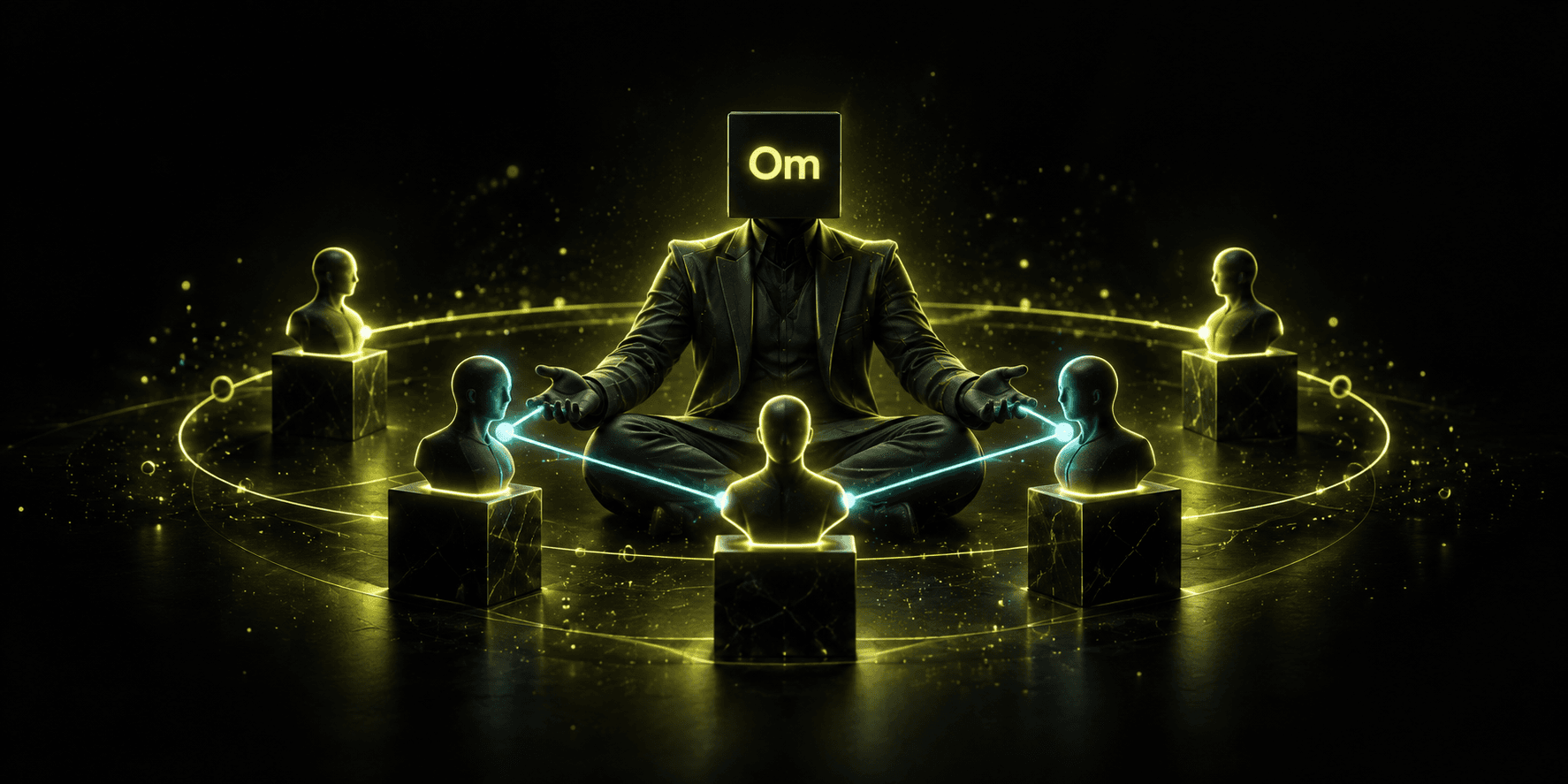 The Om block man connecting people through a glowing lime and cyan relationship network.